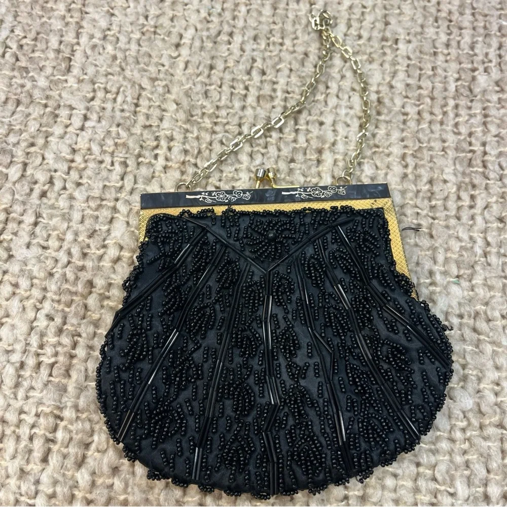 VTG 60s Handmade Unique Black Bead Handbag Clutch Evening Purse Hong‎ Kong